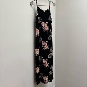 Adrianna Papell Black Maxi Slip Dress with Pink and White Floral Print